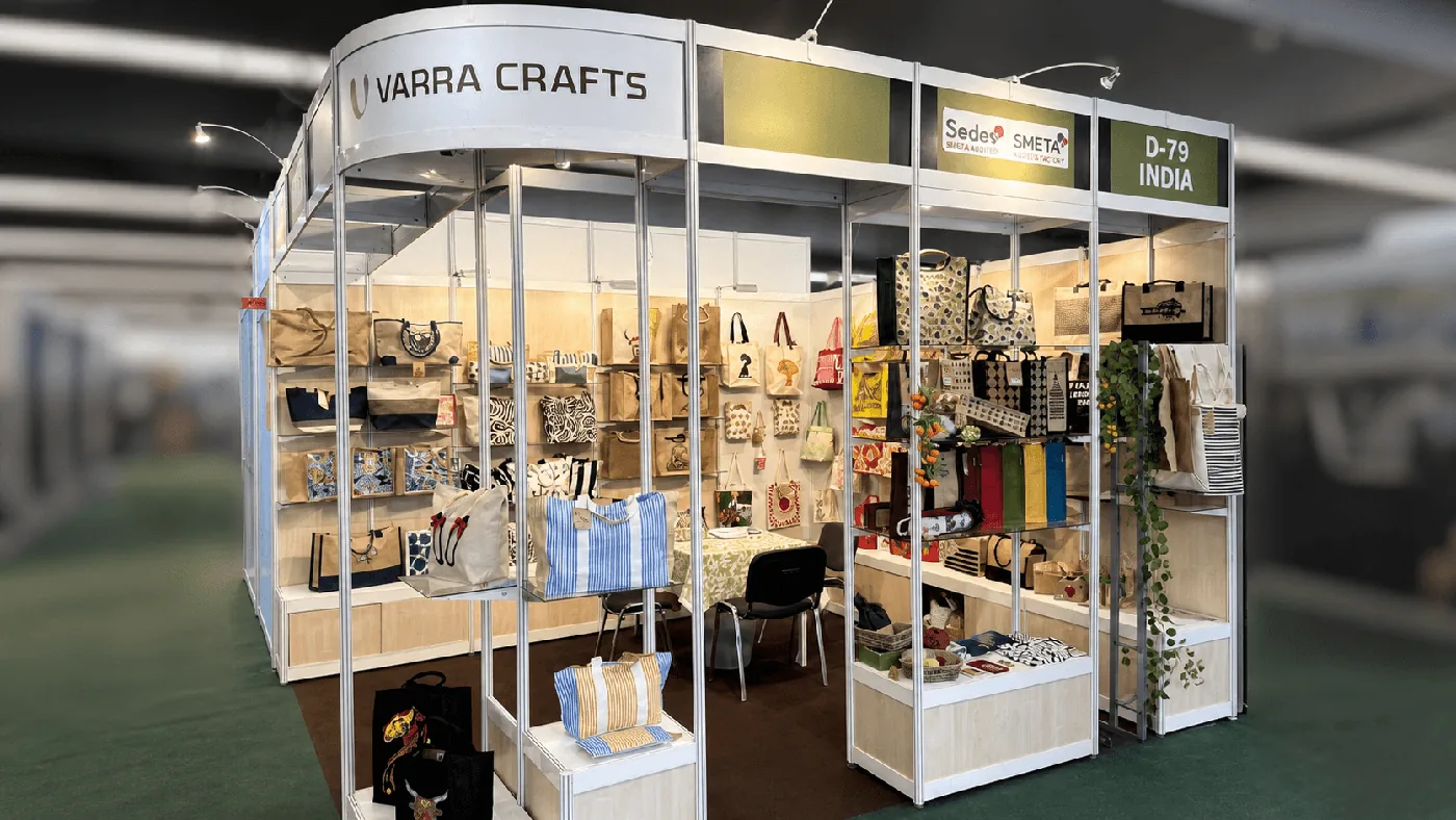 Varra Crafts exhibition stall showcasing jute and cotton bags at an international trade fair